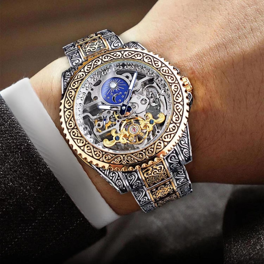 Luxury Watch Engraving - Relógio Masculino Mecânico Automático Esqueleto Retrô